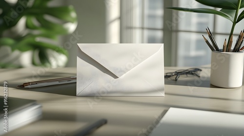 White envelope mockup displayed on a simple table with minimalistic office supplies