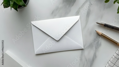 White envelope mockup displayed on a simple table with minimalistic office supplies