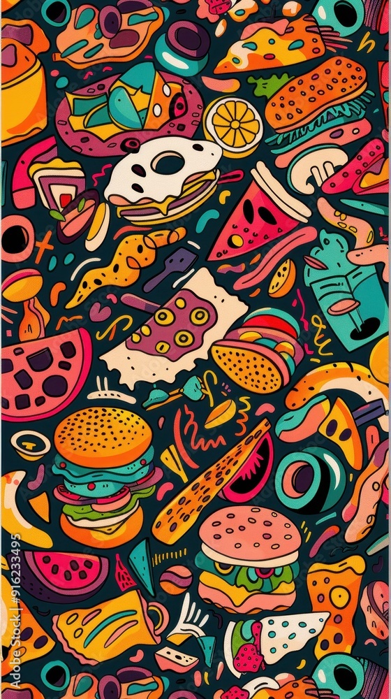 A playful assortment of fast food items including burgers, pizza, and donuts illustrated in bright colors A playful assortment of fast food items including burgers, pizza, and donuts illustrated in bright colors