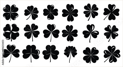 Set of three and four leaf silhouettes, Four and three leaf clovers silhouettes, Green four leaf clover symbol, Clover leaves icons vector, Black clover leaf set