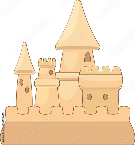 Simple cartoon sandcastle standing on a beach representing summer vacation, childhood and carefree