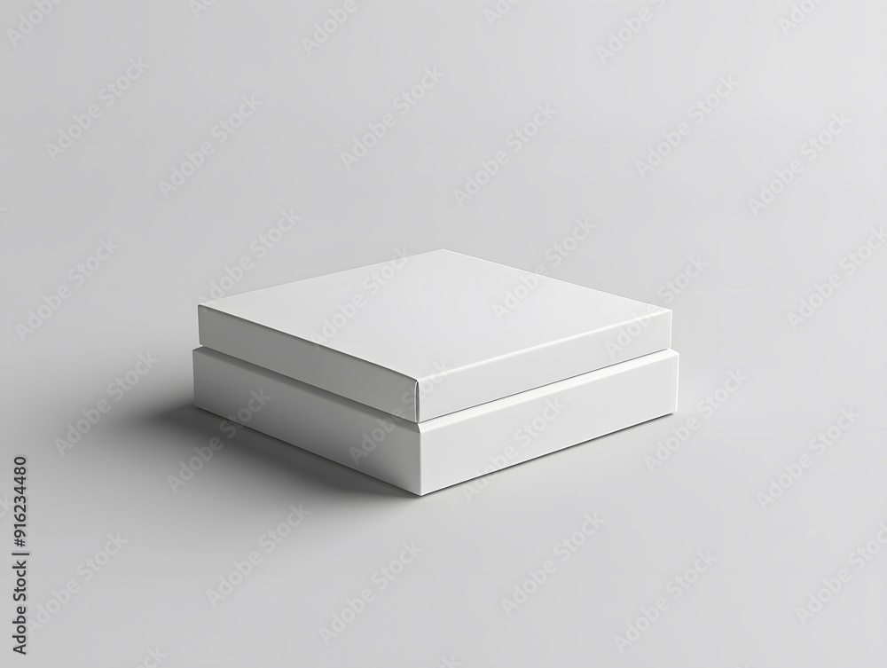 White packaging box mockup displayed on a plain background, with subtle shadows and simple design White packaging box mockup displayed on a plain background, with subtle shadows and simple design