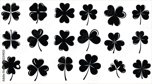 Set of three and four leaf silhouettes, Green four leaf clover symbol, Clover leaves icons vector, Black clover leaf set