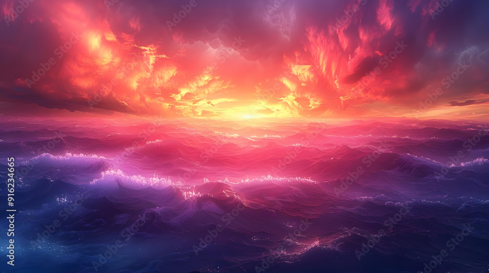 Abstract Sunset Over Purple Ocean Waves Illustration Abstract Sunset Over Purple Ocean Waves Illustration