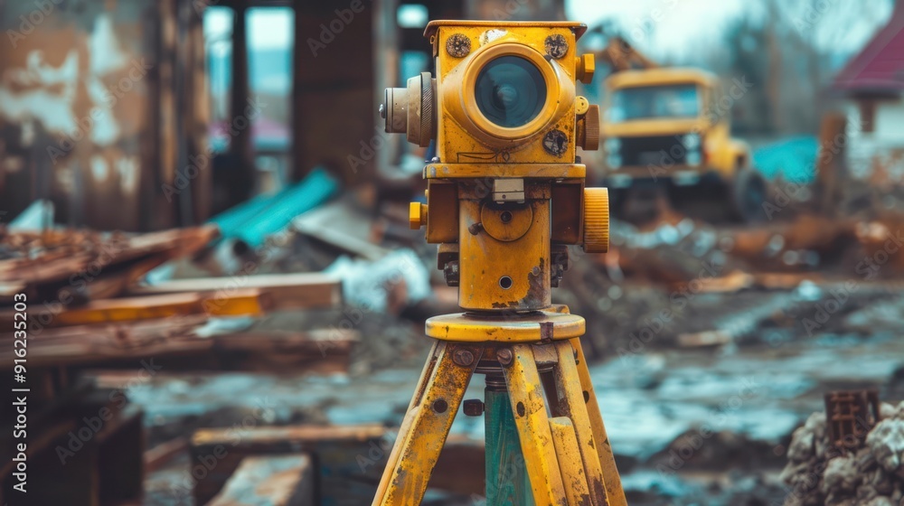 Yellow Theodolite Survey Equipment on Tripod at Construction Site Yellow Theodolite Survey Equipment on Tripod at Construction Site