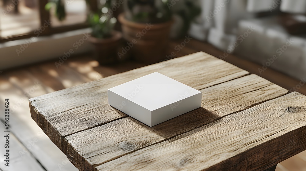 Fototapeta premium White packaging box mockup on a simple wooden table, with a clean, minimalistic aesthetic