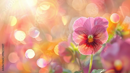 A Single Pink Pansy Flower With Dew Drops In Sunlight