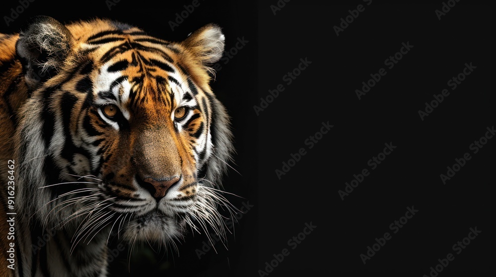 Fototapeta premium Close-up of a Tiger's Face Against a Black Background