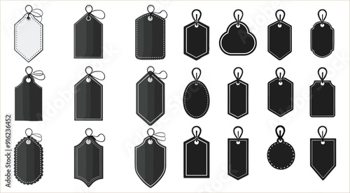Set of various blank paper tag silhouettes, Silhouette of price tags, Hang tag label silhouettes, Black Friday sale tags, Set of different price tags silhouette vector