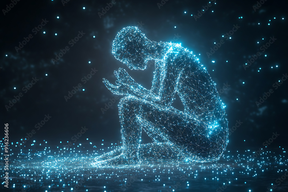 A person sitting on their knees, praying with hands folded and raised, blended with geometric lines and glowing dots in plexus style.
A person sitting on their knees, praying with hands folded and raised, blended with geometric lines and glowing dots in plexus style.