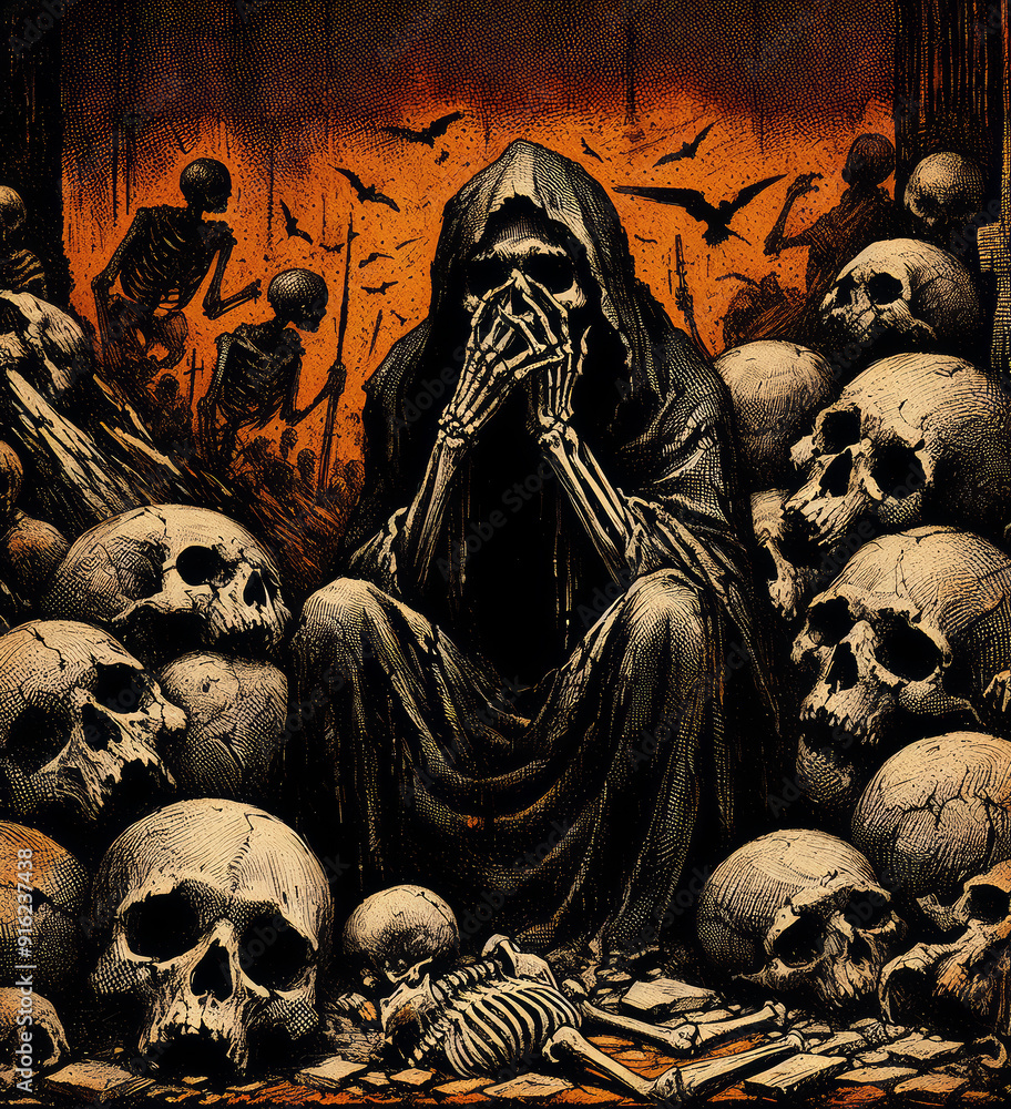 Naklejka premium illustration, dark and gloomy Middle Ages in hell. Old skull , skeletons fragments, death kneels and cries. Symbolism. Black ink on an orange,
