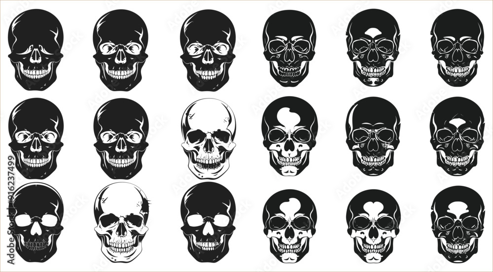 Set of black human skull, Human skull head icon, Set of silhouette human skull, Silhouettes of death skull icons, Black silhouette of a human skull vector Set of black human skull, Human skull head icon, Set of silhouette human skull, Silhouettes of death skull icons, Black silhouette of a human skull vector