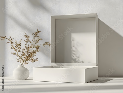 White packaging box mockup shown with a slight opening, placed on a neutral-colored surface photo