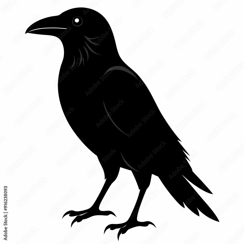 Fototapeta premium Crow isolated on white background, crow vector illustration, bird on a branch vector art, crow silhouette, bird vector icon, peacock on a branch line art, eps, raven on a branch cartoon