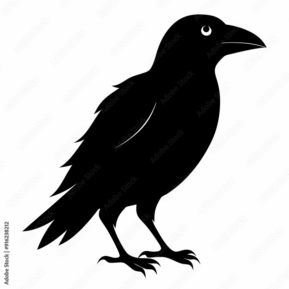 Obraz premium Crow isolated on white background, crow vector illustration, bird on a branch vector art, crow silhouette, bird vector icon, peacock on a branch line art, eps, raven on a branch cartoon
