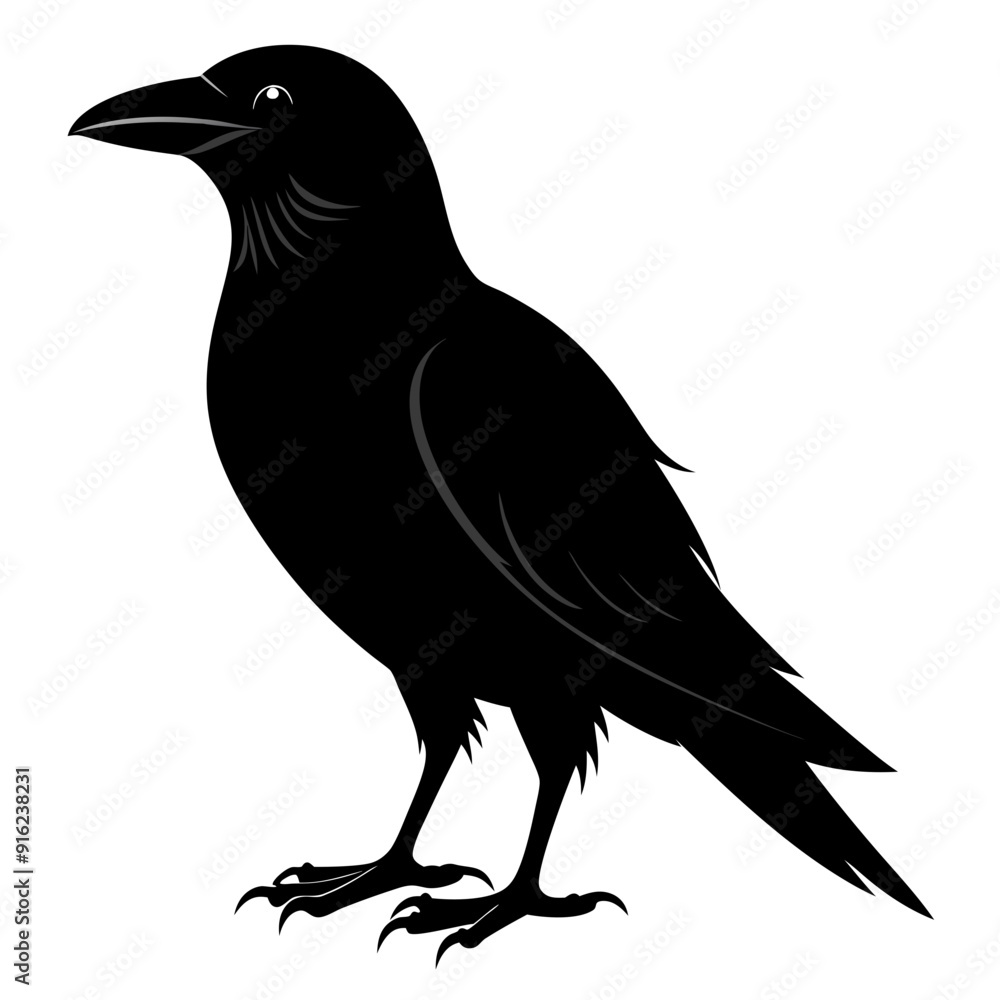 Fototapeta premium Crow isolated on white background, crow vector illustration, bird on a branch vector art, crow silhouette, bird vector icon, peacock on a branch line art, eps, raven on a branch cartoon