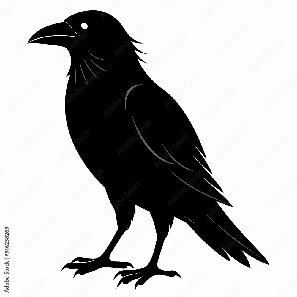 Fototapeta premium Crow isolated on white background, crow vector illustration, bird on a branch vector art, crow silhouette, bird vector icon, peacock on a branch line art, eps, raven on a branch cartoon