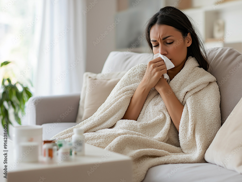 Young woman wrapped in a blanket, sitting on a couch and blowing her nose, surrounded by medicine, representing illness and recovery. Young woman wrapped in a blanket, sitting on a couch and blowing her nose, surrounded by medicine, representing illness and recovery.