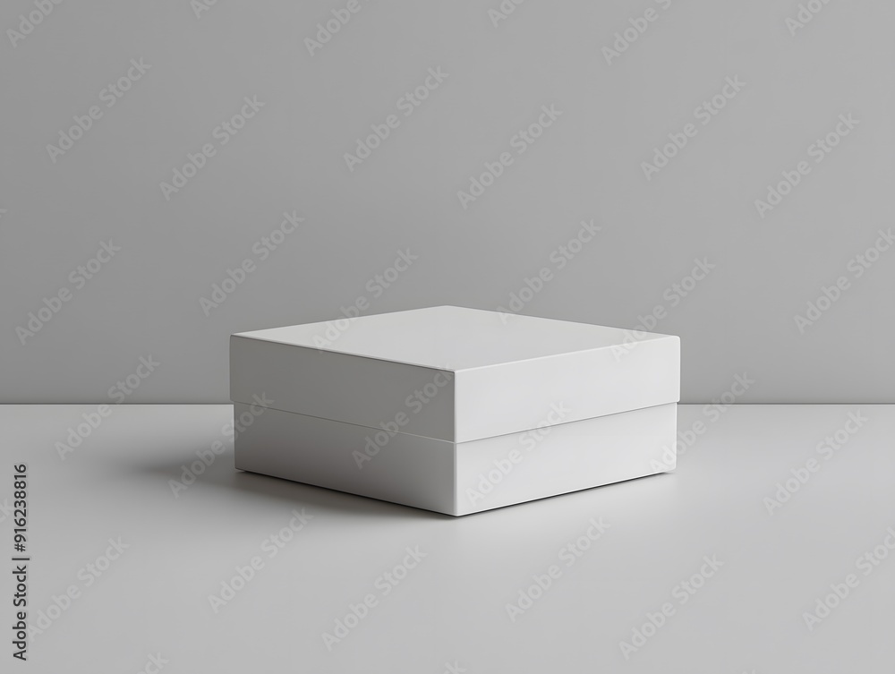 Minimalist white box mockup placed flat on a clean, neutral surface with no distractions Minimalist white box mockup placed flat on a clean, neutral surface with no distractions