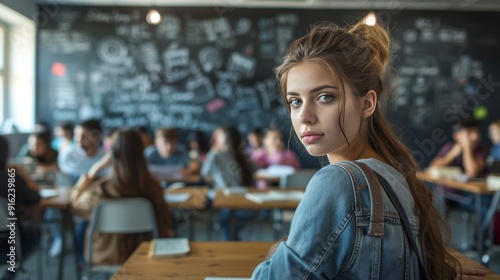Female student in a classroom looking thoughtful