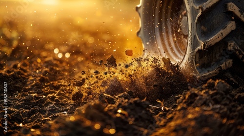 Close-up of a Tractor Tire Throwing Dirt in Golden Sunlight