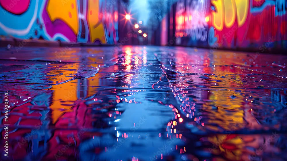 Obraz premium Neon Lights Reflecting on Wet Pavement in City Alleyway - Photography