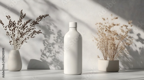 White bottle mockup placed on a light grey surface, with minimalistic decor around