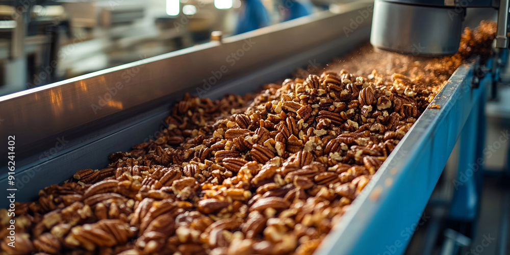 Obraz premium Pecan nuts, industrial production and processing,
