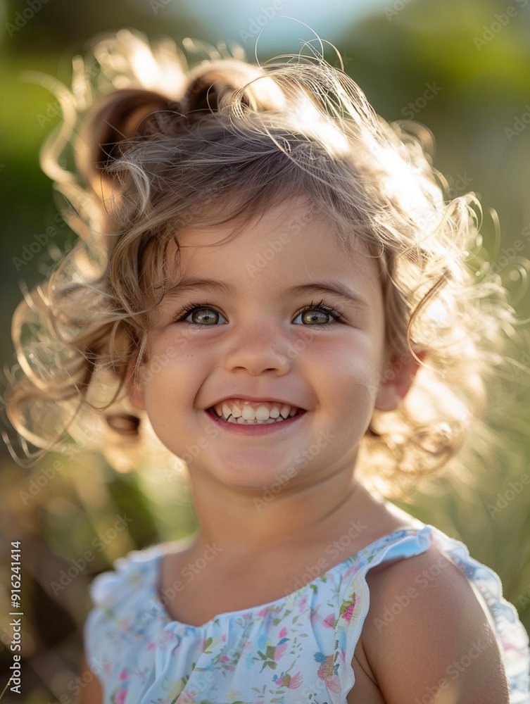 Joyful Child with Curly Hair in Natural Light - Happiness, Innocence, and Playfulness