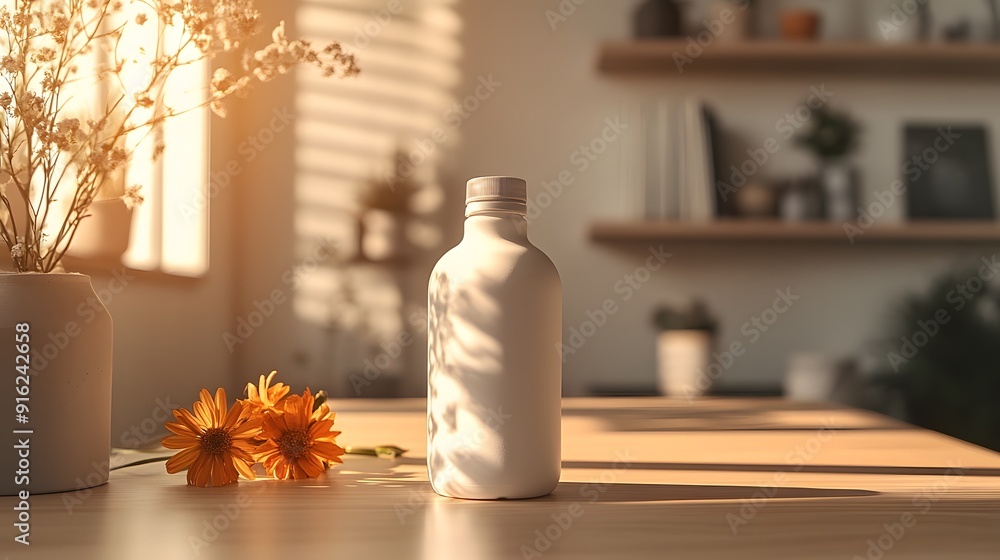 White bottle mockup placed on a simple desk with soft natural light illuminating it White bottle mockup placed on a simple desk with soft natural light illuminating it