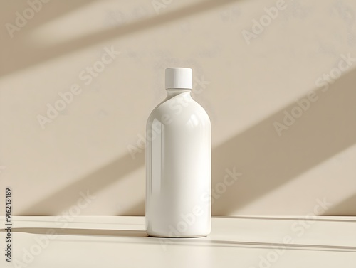 White bottle mockup shown with a slight tilt, placed on a neutral-colored surface photo