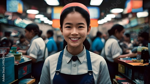 Cheerful Efficiency: Smiling Cashier Girl Enhances the Shopping Experience