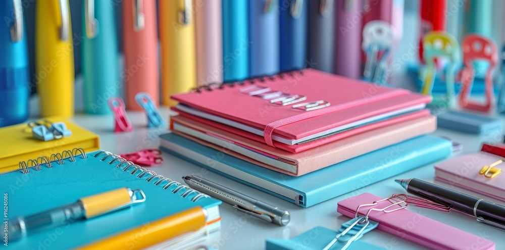 Array of modern stationery items including sleek fountain pen, stack of notebooks, and vibrant highlighters, arranged neatly on white background. Scene emphasizes symmetry and order with soft lighting Array of modern stationery items including sleek fountain pen, stack of notebooks, and vibrant highlighters, arranged neatly on white background. Scene emphasizes symmetry and order with soft lighting