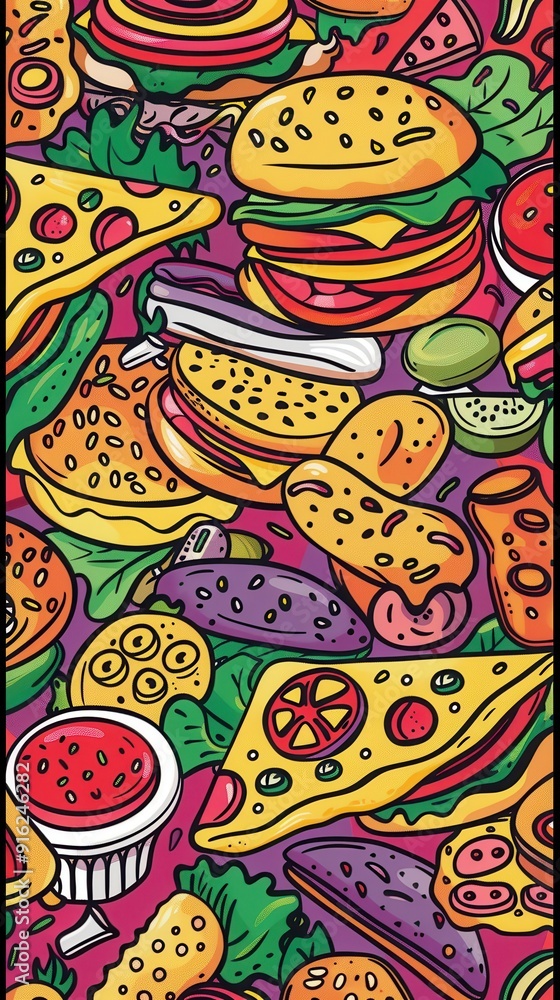 Naklejka premium A colorful arrangement of diverse fast food items, showcasing burgers, pizzas, and other snacks in an eye-catching design