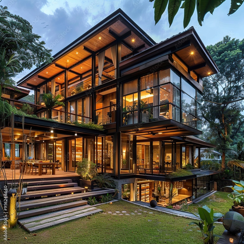 Obraz premium Stylish Elevated Timber House with Glass Walls and Elegant Finishes