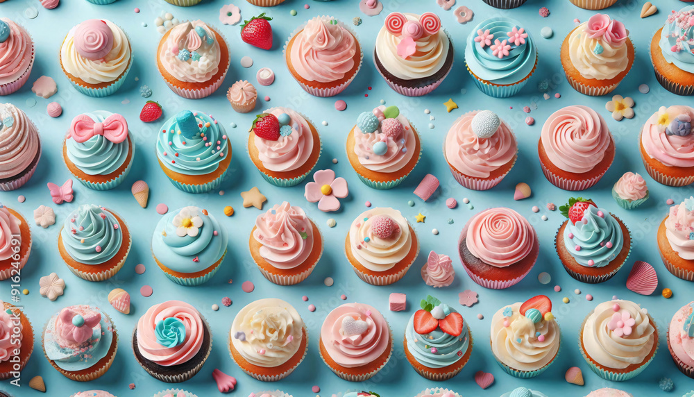Various Cupcakes on a pastel blue background. Generative AI. Various Cupcakes on a pastel blue background. Generative AI.