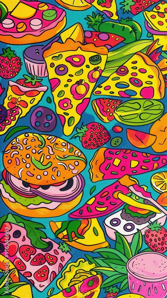 Naklejka premium A delightful mix of pizza, burgers, fruits, and desserts in bright, vivid colors displayed on a blue backdrop