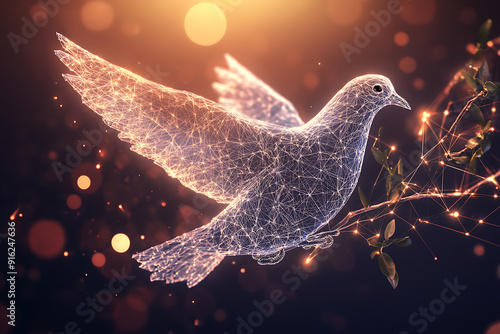 A digital wireframe polygon illustration of a dove holding an olive branch, featuring intricate lines and points in a technological style.
 photo