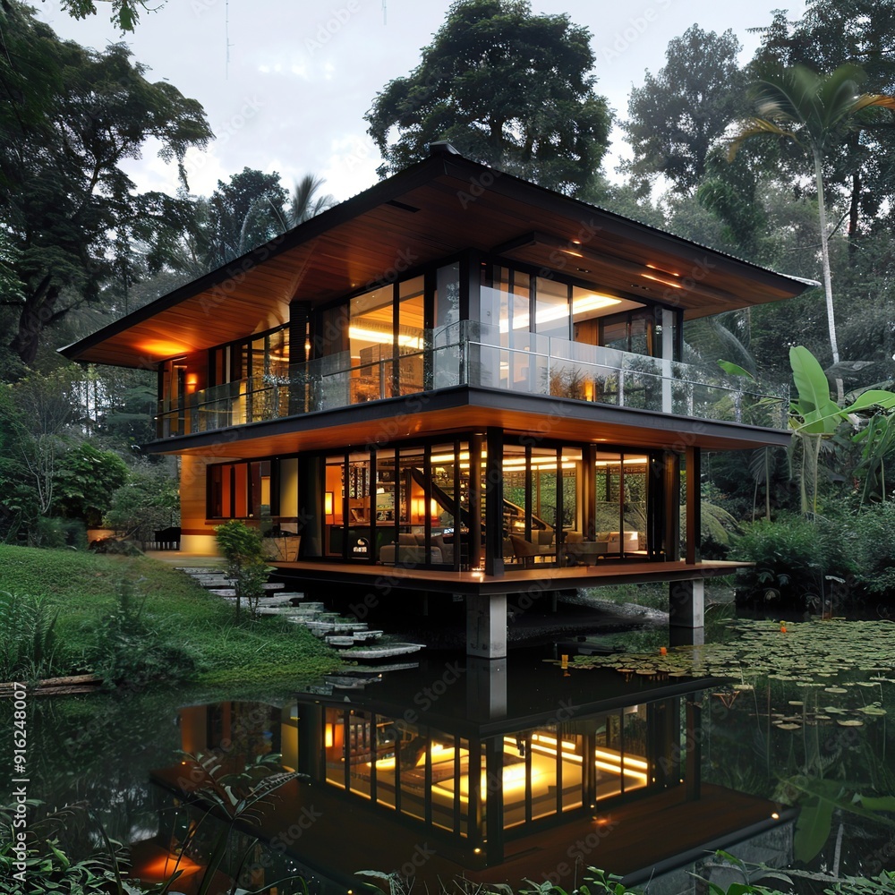 Fototapeta premium Stylish Elevated Timber House with Glass Walls and Elegant Finishes