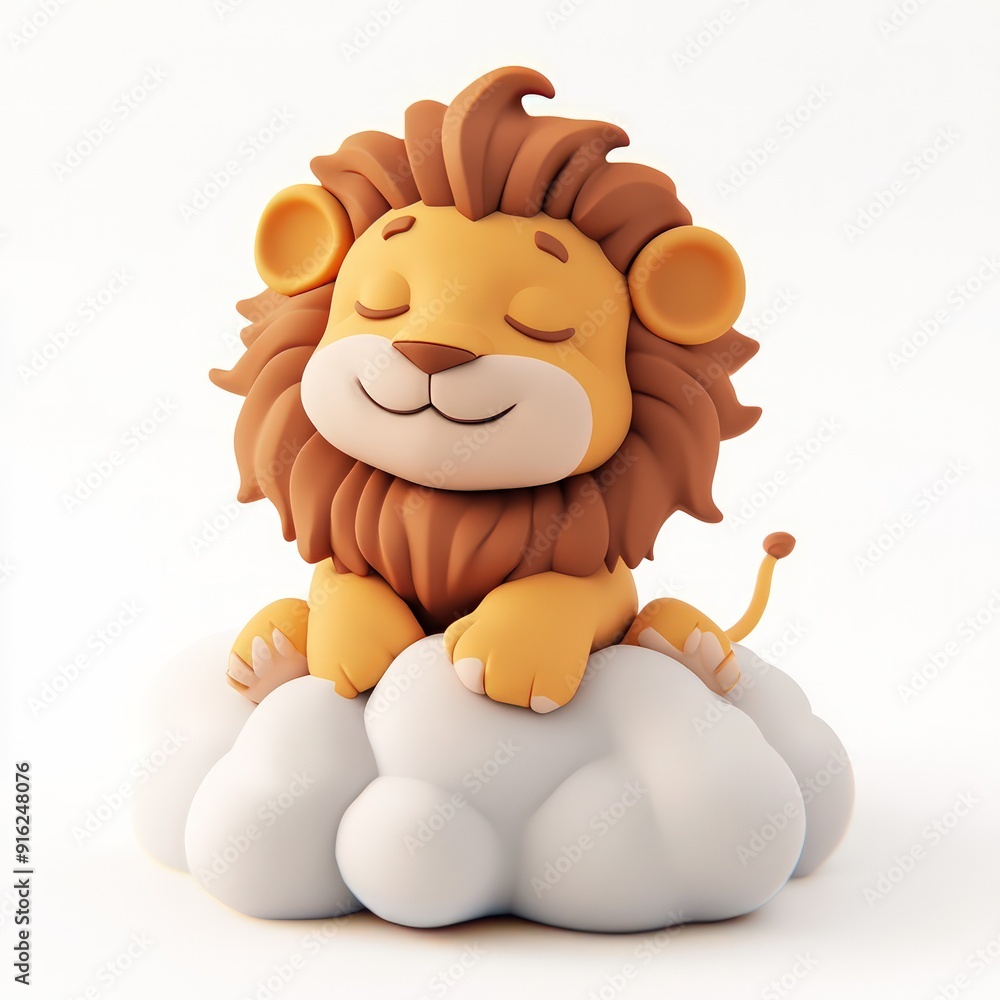 Fototapeta premium Cute Cartoon Lion Sleeping on a Cloud