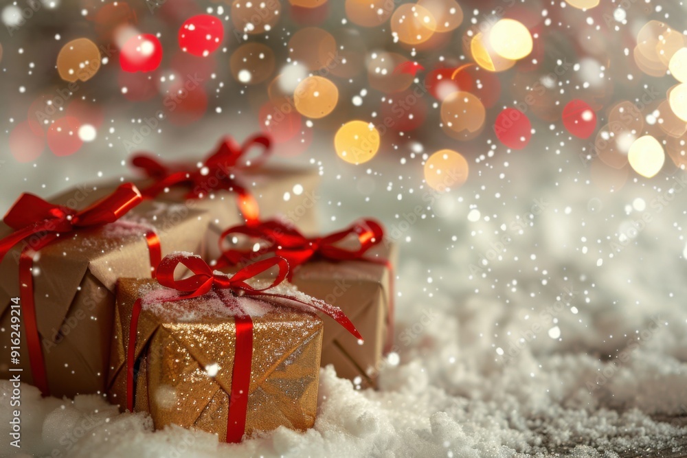 Rustic Red Ribboned Gifts in Snow - Perfect for Christmas Holiday Decor and Cozy Winter Celebrations Rustic Red Ribboned Gifts in Snow - Perfect for Christmas Holiday Decor and Cozy Winter Celebrations