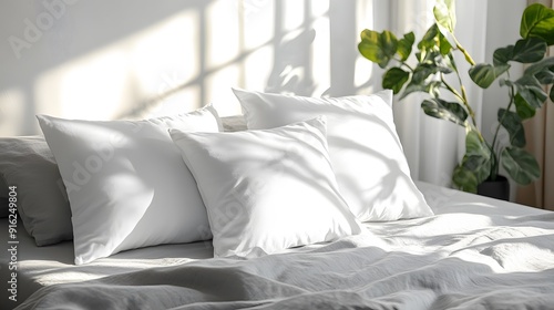 White pillowcase mockup displayed on a neutral grey bed, with soft lighting and a clean aesthetic