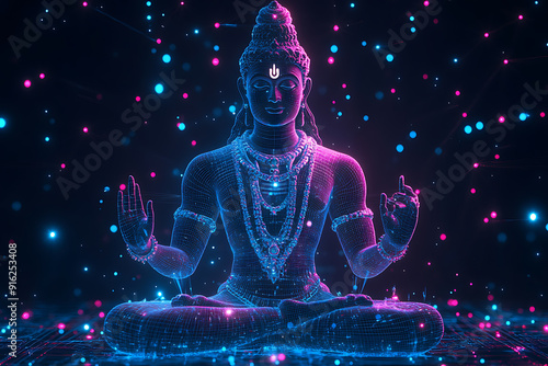 A digital wireframe of Lord Shiva in meditation, blending spirituality with modern technology. Glowing geometric lines form the divine figure in a serene, futur

 photo