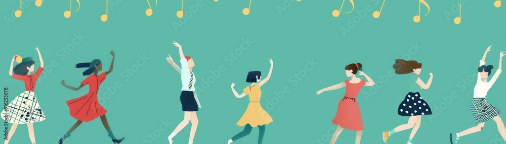 Diverse Group of People Dancing Joyfully with Music Notes. Diverse Group of People Dancing Joyfully with Music Notes.