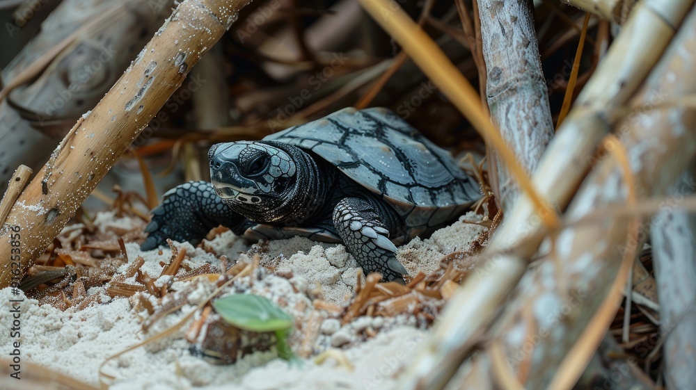 Small black and gray turtle on sandy ground surrounded by dry branches Small black and gray turtle on sandy ground surrounded by dry branches