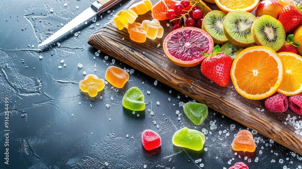 Fresh fruits and colorful candies on wooden board Fresh fruits and colorful candies on wooden board