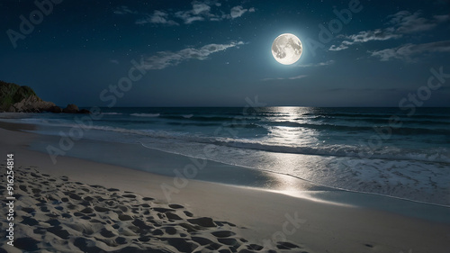 Obraz na plátně Moon light reflaction on the water and sand of the beach.