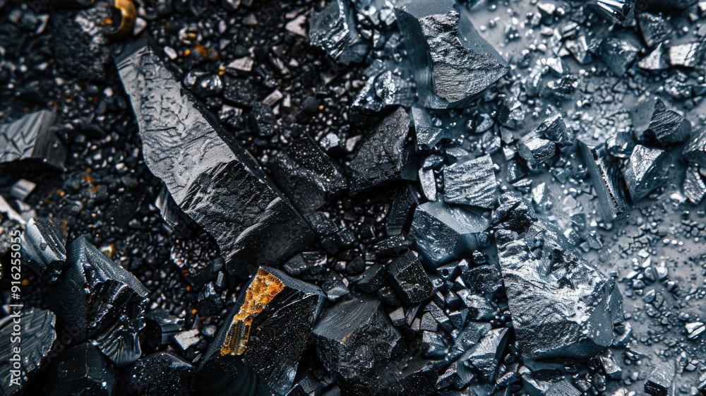 Close-up of shiny, natural black coal crystals on rocky surface Close-up of shiny, natural black coal crystals on rocky surface