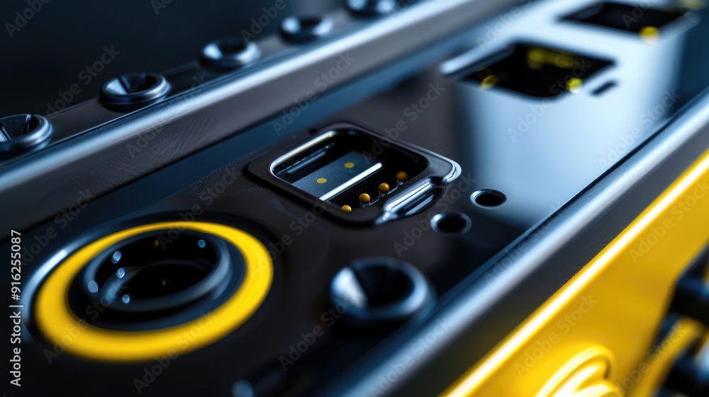 Fototapeta premium Close-up of shiny black and yellow electronic device with circuits