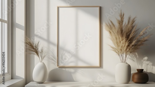 White poster mockup placed on a light grey wall, with minimalistic decor around